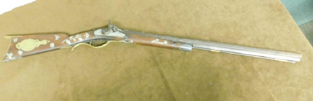 Antique Percussion Rifle: Antique Percussion Rifle, octagonal barrel, walnut stock with pewter inlays of birds, stars, leaves, clovers, etc., double trigger with brass guard, patch box, and butt guard, barrel length 25 1/8", o
