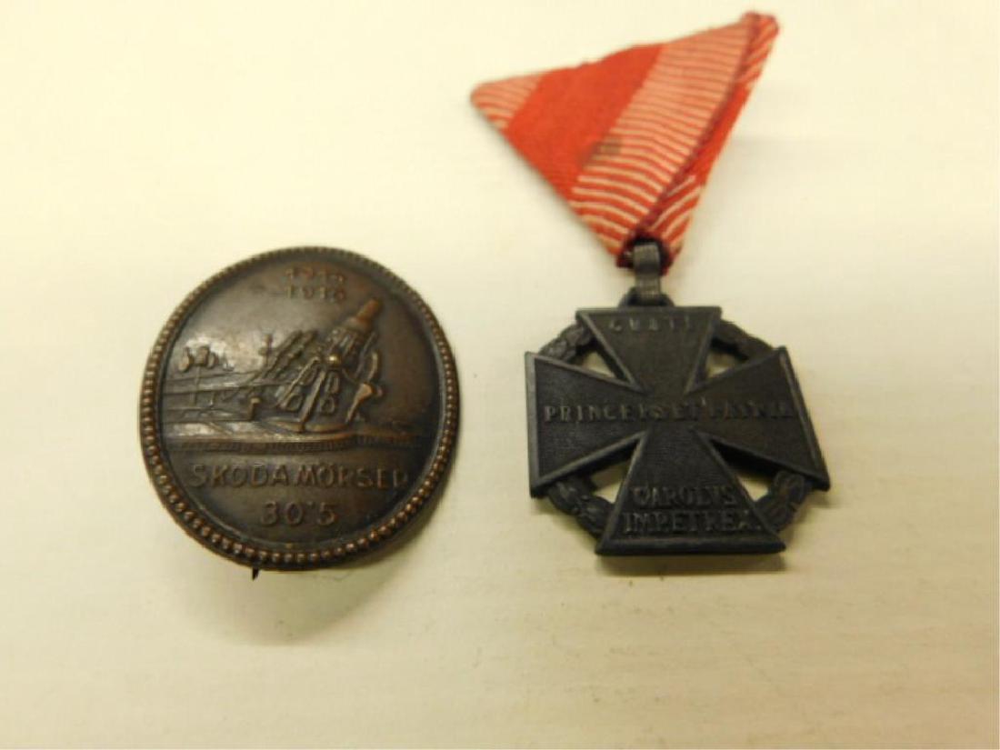 WW I Austro Hungarian Medal & Pin: WW I Austro Hungarian Medal & Pin including: one Karl Troop Cross medal, center cross with "Grati Princepset Patria Carolvs Imp. ET Rex" (A Grateful Prince, Karl, King and Emporor) to Coubatants in th