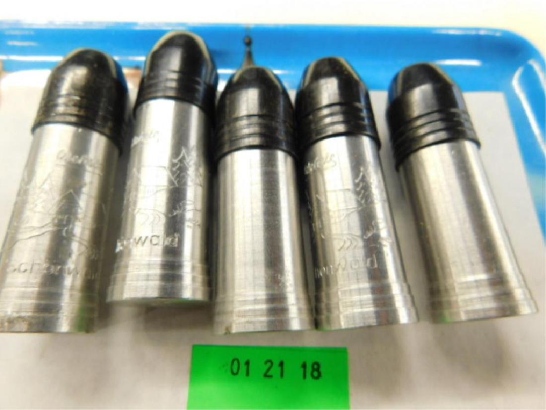 5 WW II Wehrle Schonwald Trench Lighters: 5 WW II Wehrle Schonwald Trench Lighters, bullet for German petrol cylinder lighters, with engraved house in South Germany, aluminum with Nazi, bird symbol stamped on bottom, black cap, 2 1/4" each. C