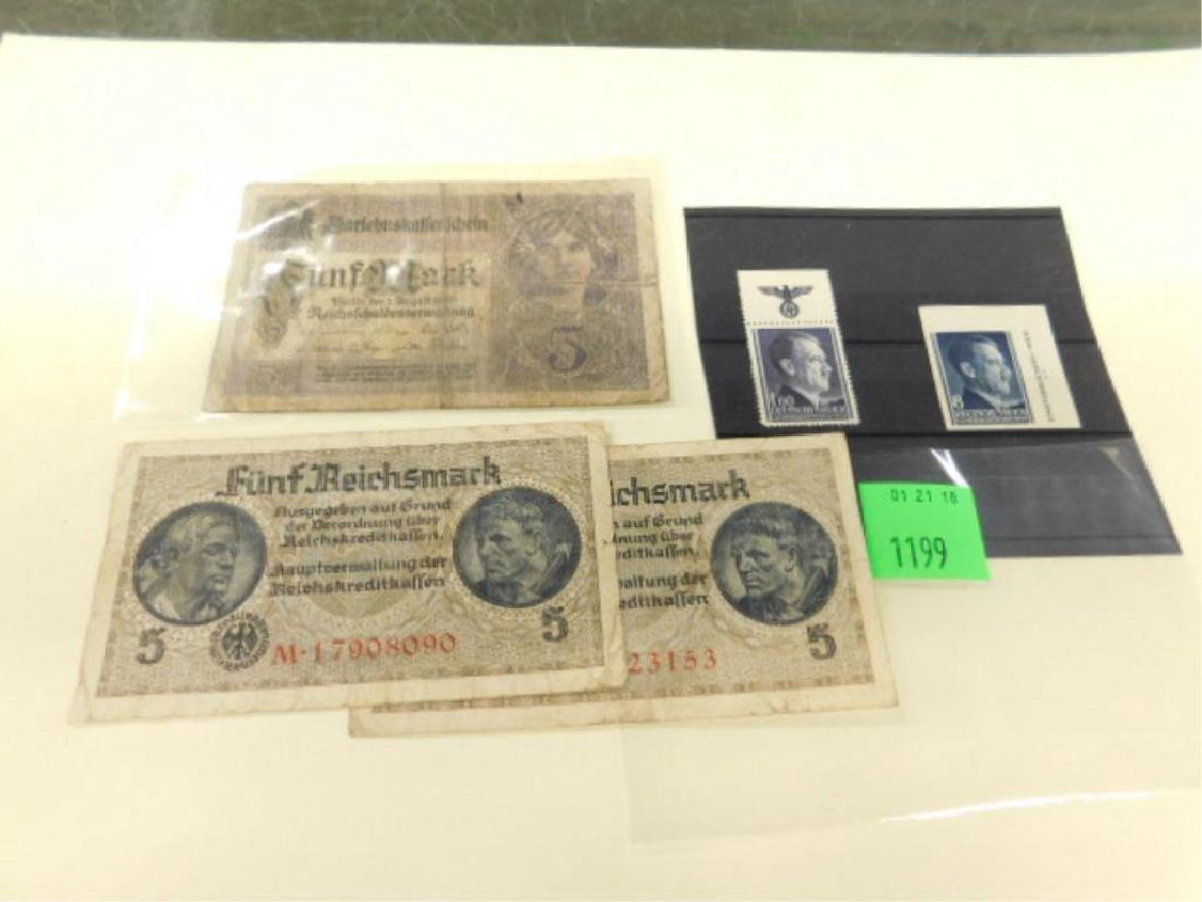 German Paper Money & Stamps: German Paper Money & Stamps including: two 1917 Funf Mark, serial numbers V-2774128 and V-7006582, 3 1/8" x 4 7/8", 2 Funf Reichsmark, serial number L-15423153 and M-17908090, plus (2) uncanceled Deut