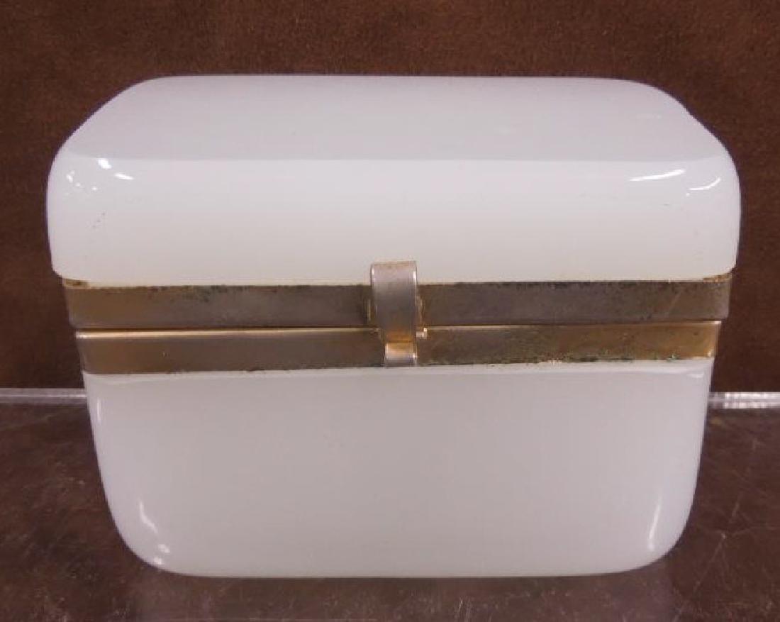 Camphor Glass Box: Camphor Glass Box, brass trimmed hinged lid, 20th C, 4" x 2 1/2" x 3 1/4". CONDITION: Wear and pitting to brass trim.