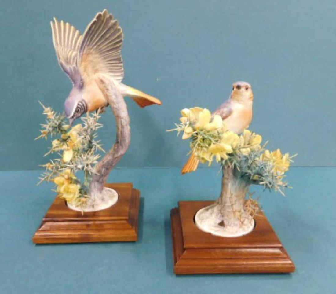 Pr Royal Worcester Redstart Ruticilla: Pr Royal Worcester Redstart Ruticilla, Phoenicurus and Gorse, model 905, 1968, artist marked signed on base, Dong...?, on wood base, 11" x 7" x 6". CONDITION: Very good, one with two reglued thorn nee