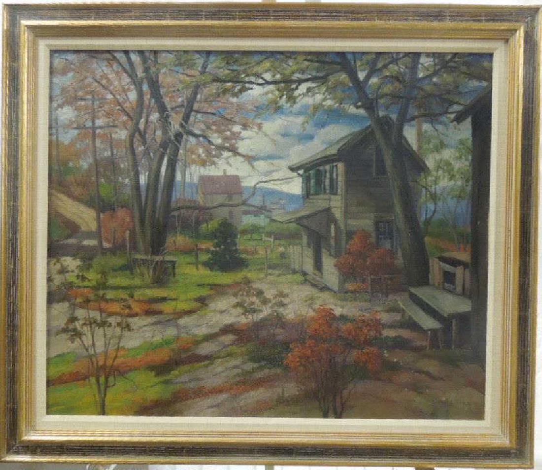 F.C. Kirk Oil on Canvas: F.[rank] C.[ohen] Kirk Oil on Canvas, "Lands Ending", signed lower right and verso, sight 34" x 22", burlap and wood frame, 40' x 27 1/2". CONDITION: Very good, some nicks in frame.