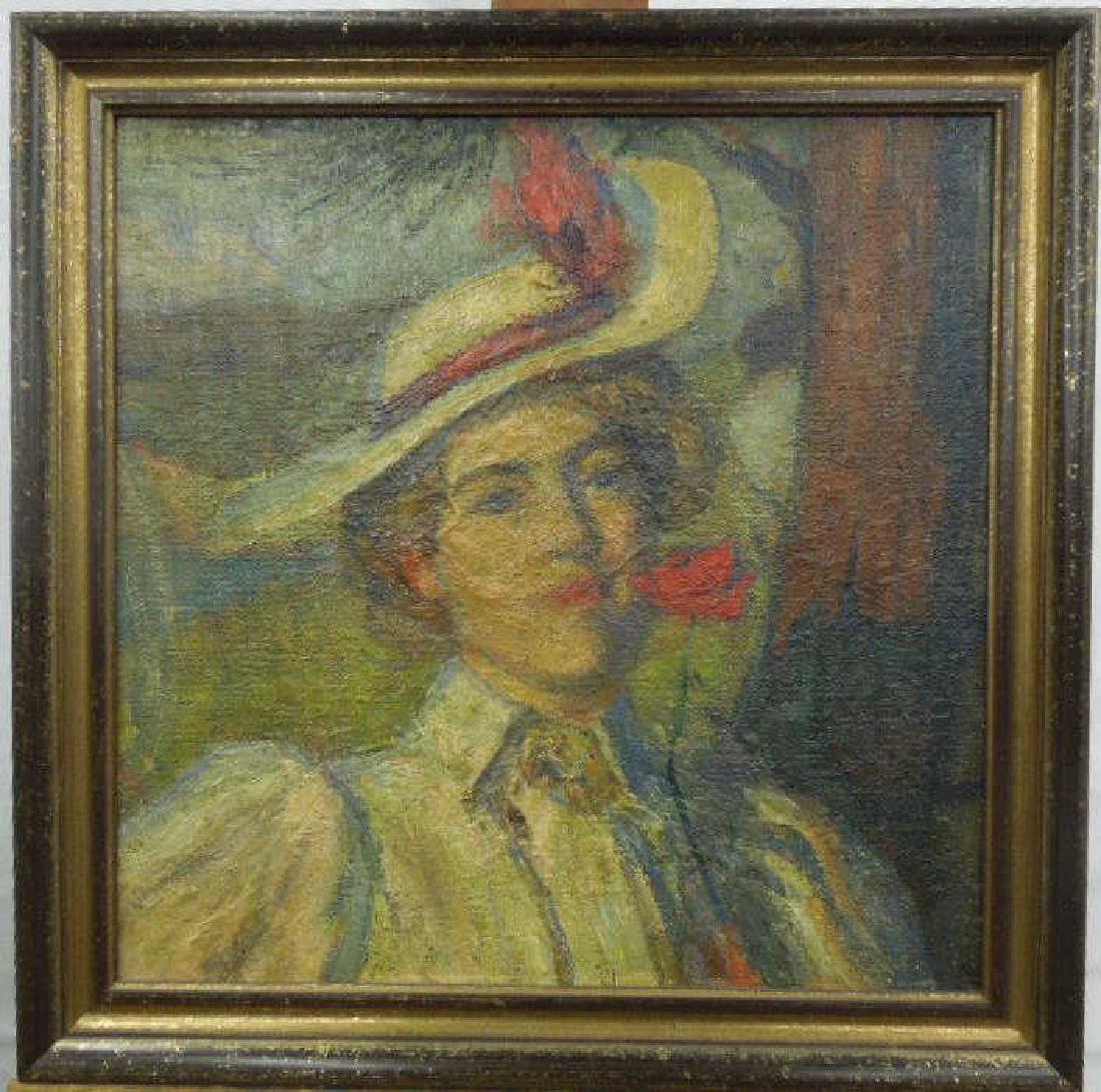 Augustus Koopman, Oil on Canvas: Augustus Koopman, Oil on Canvas, Portrait of a lady. [NOTE: an unattached section with the artist signature is set into the stretcher verso.] current sight 20" x 20", wood frame 23 1/2" x 23 1/2". [20