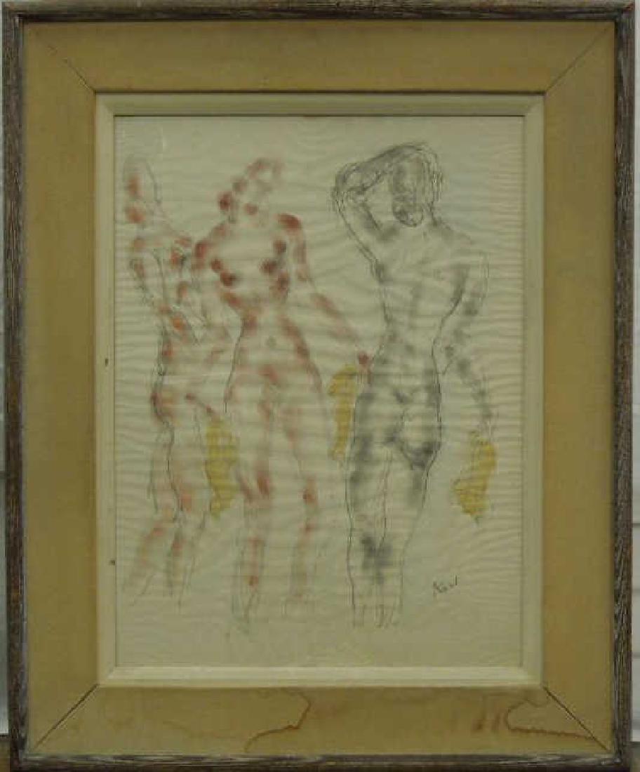 (Nikolaus) Koni Watercolor: (Nikolaus) Koni Watercolor, three female nudes, signed lower right, sight 17 1/2" x 24", burlap and wood frame, 26 1/2" x 32 1/2". CONDITION: Paper wrinkled, burlap on frame water stained.