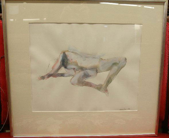 [Bruce] Samuelson, Study of a Reclining Female Nu: [Bruce] Samuelson, [19] 74, signed and dated, watercolor, study of a reclining female nude, head obscured, 13 1/2 height x 16 1/8 width (image, sight), 21 1/2 height x 23 1/2 width (frame)