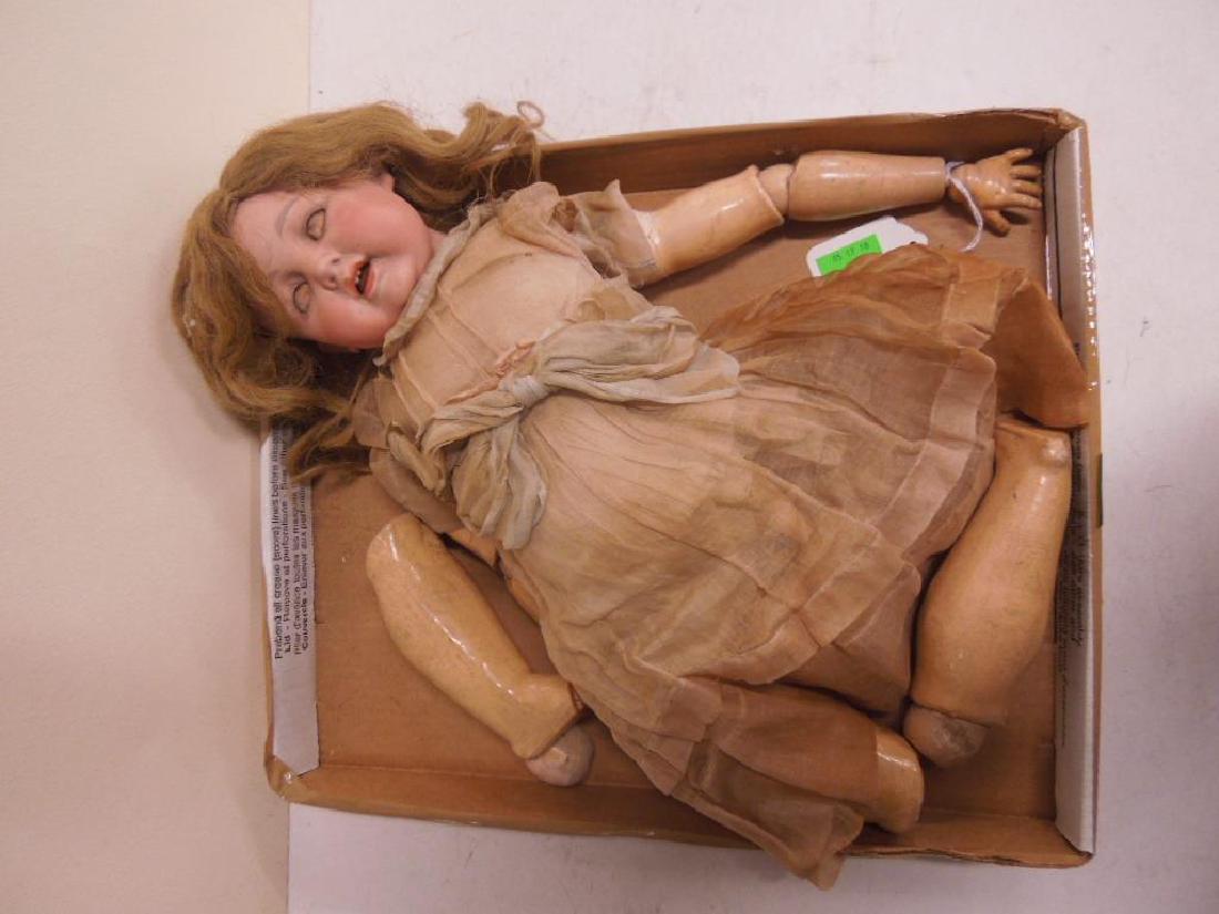 Morimura Brothers Bisque Head Doll: Morinura Brothers Bisque Head Doll incised, JW, Nippon, 605 on 5 1/2" bisque head, brown sleep eyes, open mouth, with teeth and tongue, hand painted face, eyelashes and feathered eyebrows, attached wi