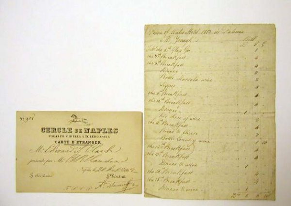 19th C. Foreign Travel Ephemera: MS. Prince of Wales Hotel, Palermo, Sicily, 1817, American traveler's monthly bill for February-March, for Board and Lodging; together with printed and Ms. Travel ephemera belonging to Edward Clark [P
