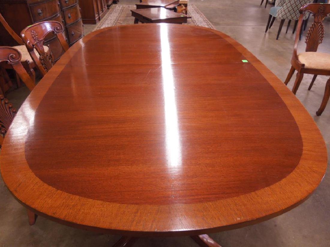 Federal Style Dining Room Table: Federal Style Dining Room Table, banded mahogany oval top with two 18" leaves, upon twin urn form pedestals with inlay; sabre legs with brass claw capped feet, 78" x 44" x 30". [36] CONDITION: Very go