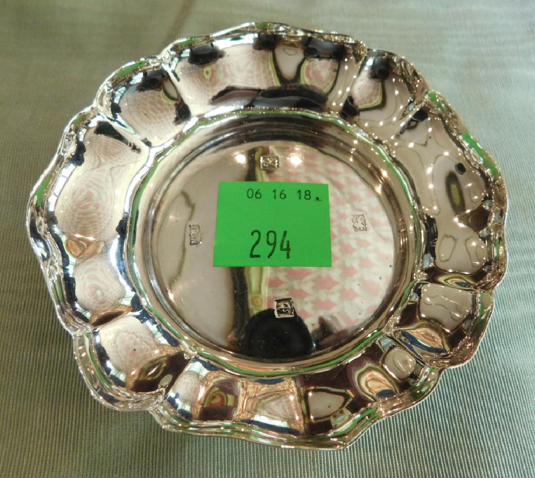 Mapplin & Webb Sterling Dish: Mapplin & Webb Sterling Dish, exposed touch marks, scalloped and embossed rim, 4 3/8" in diameter. 1" h. 2.3 ozt.