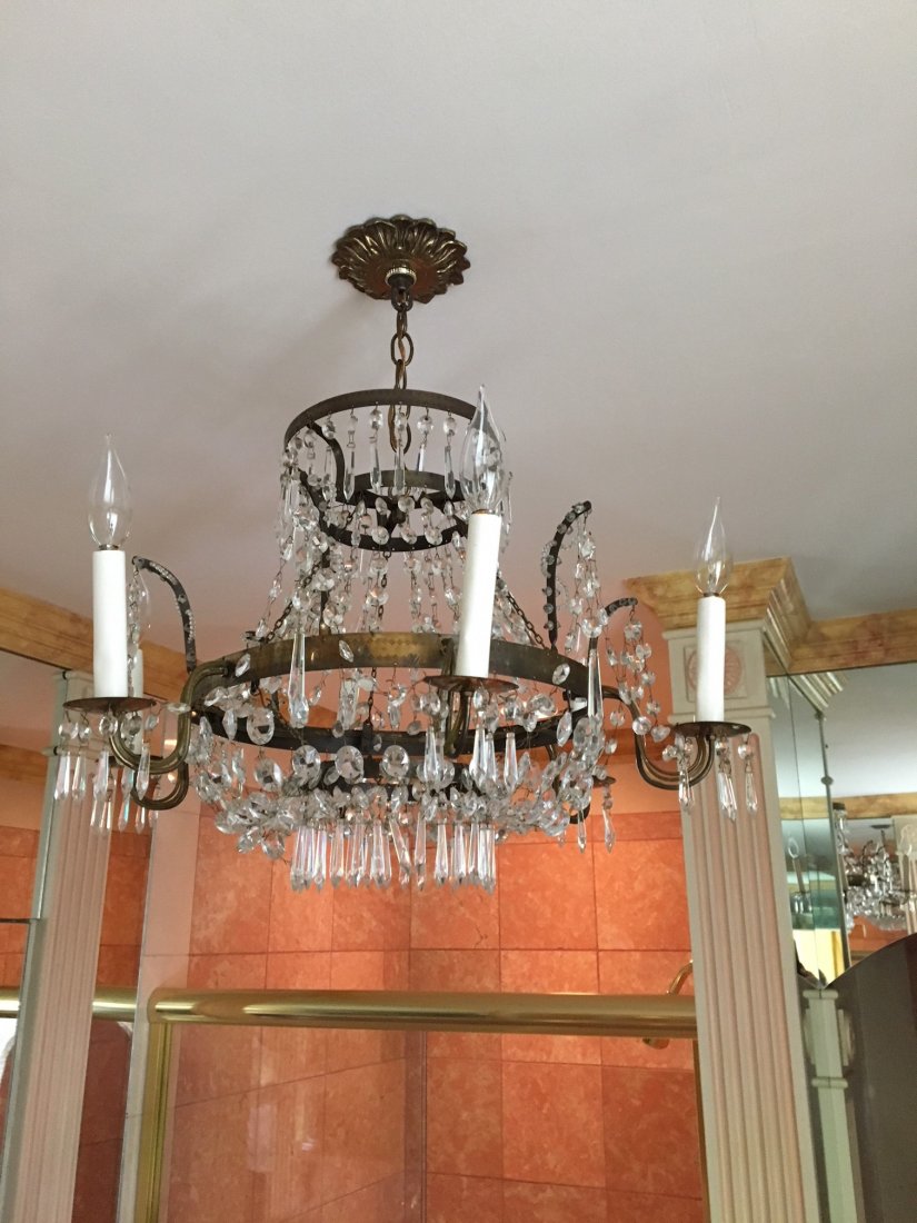 Crystal & Brass Chandelier: Crystal & Brass Chandelier. Six light - circular form with draped crystal beads and pendant cut spears. (2nd floor)