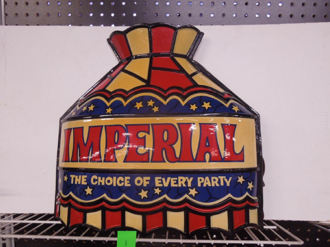 Vintage Plastic Imperial Lighted Sign: Vintage Plastic Imperial Beer lighted sign, hanging light shade form, red, blue and off white, Imperial "The Choice of Every Party", bulb and wire on back, lights, 17 1/2" x 15 1/2". CONDITION: Minor