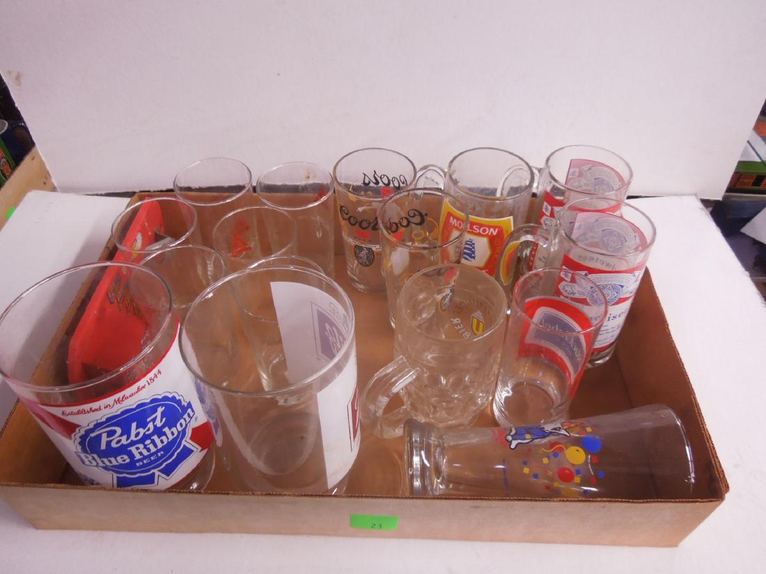 Lot Glass Beer Glasses & Mugs: Lot glass beer glasses and mugs including: six Blatz - Milwaukee's finest glasses, two Coors glasses, two large glasses (Pabst Blue Ribbon and Schlitz), one Bud Light Pitzner, plus two Budweiser mugs,