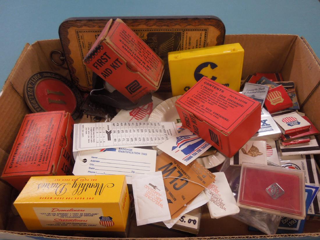 Lot Assorted Railroad Collectibles: Lot Assorted Railroad Collectibles including: packs of matches, Union Pacific, Great Northern Railroad and others, First Aid Kits and original boxes, Penn Central, Union Pacific (full), Chessie System