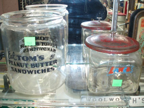 Tom's & Lance counter top display jars: Tom's Peanut Butter Sandwiches & Lance counter top display glass jars