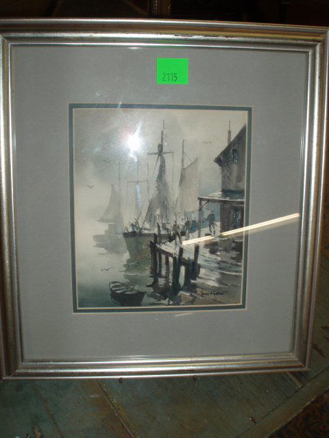 John Hare, signed, watercolor, Dockside-Foggy Day: John [Cuthbert] Hare, signed, watercolor, Dockside-Foggy Day. 8 1/2h x 7 1/4w=image/ 15 3/8h x 14=frame