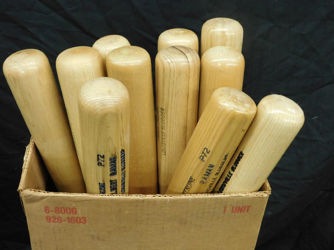 11 Louisville Slugger Bats & 1 Other: Eleven Louisville Slugger Bats and one Other, all with Al Raman, personal model, P72 and genuine models, plus one vintage Big League No. EOB P.S.A.L. Baseball Champs, 1937, "Al Raman", presented by Ja