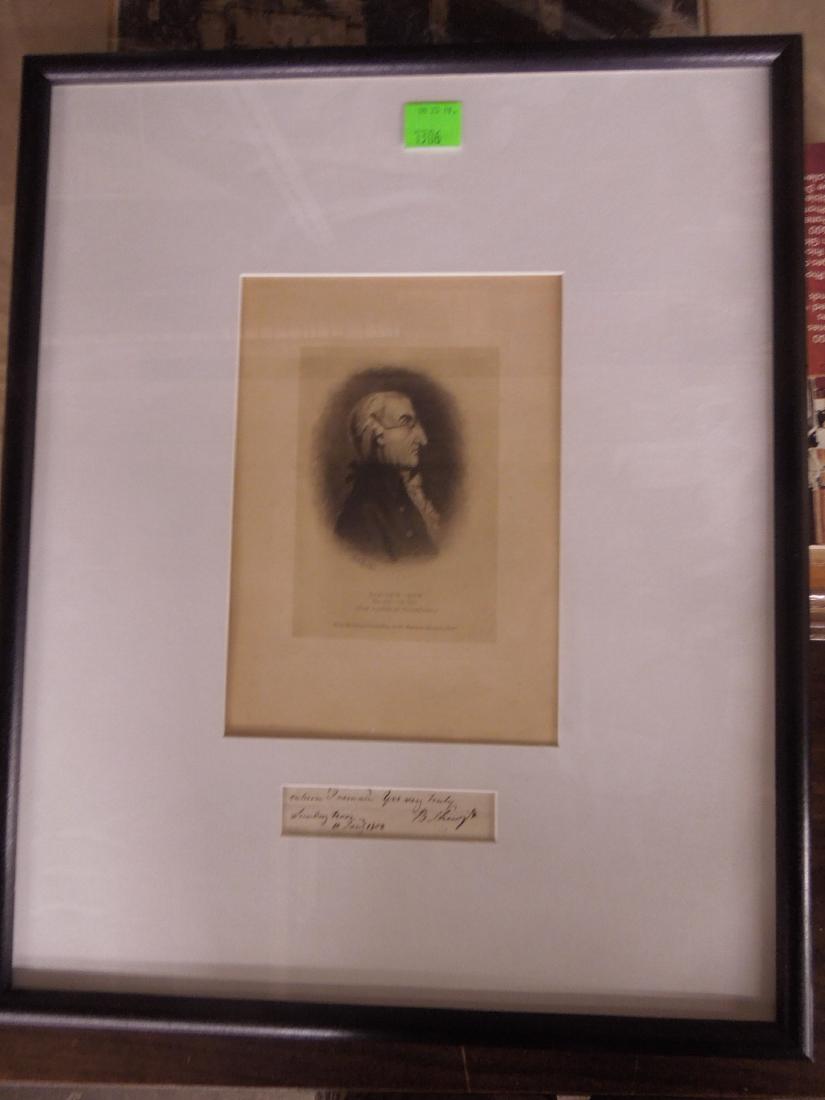 Benjamin Chew Framed Signature and Portrait: Benjamin Chew Framed Signature and Portrait. Framed together, an engraved portrait in profile of Benjamin Chew (1722-1810) along with his signature (likely cut) in the closing of a letter dated 1808.