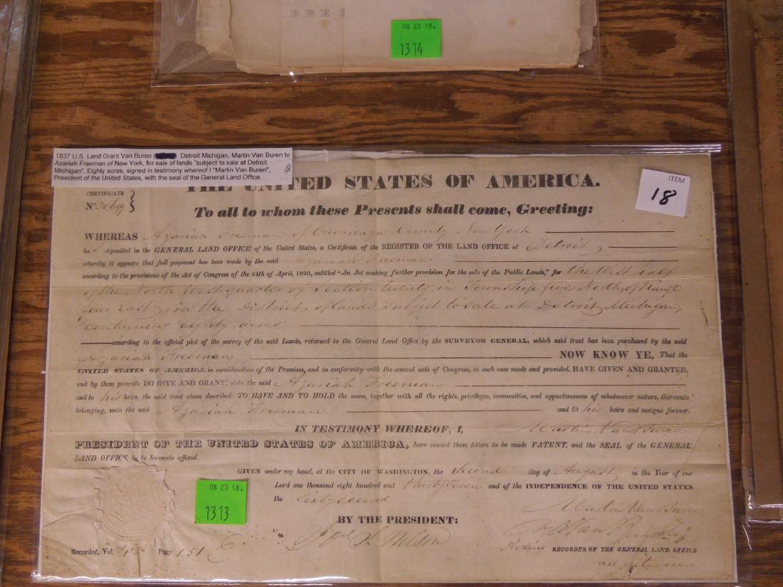 1838 Detroit Land Grant Signed Pres. van Buren (1 of 4)