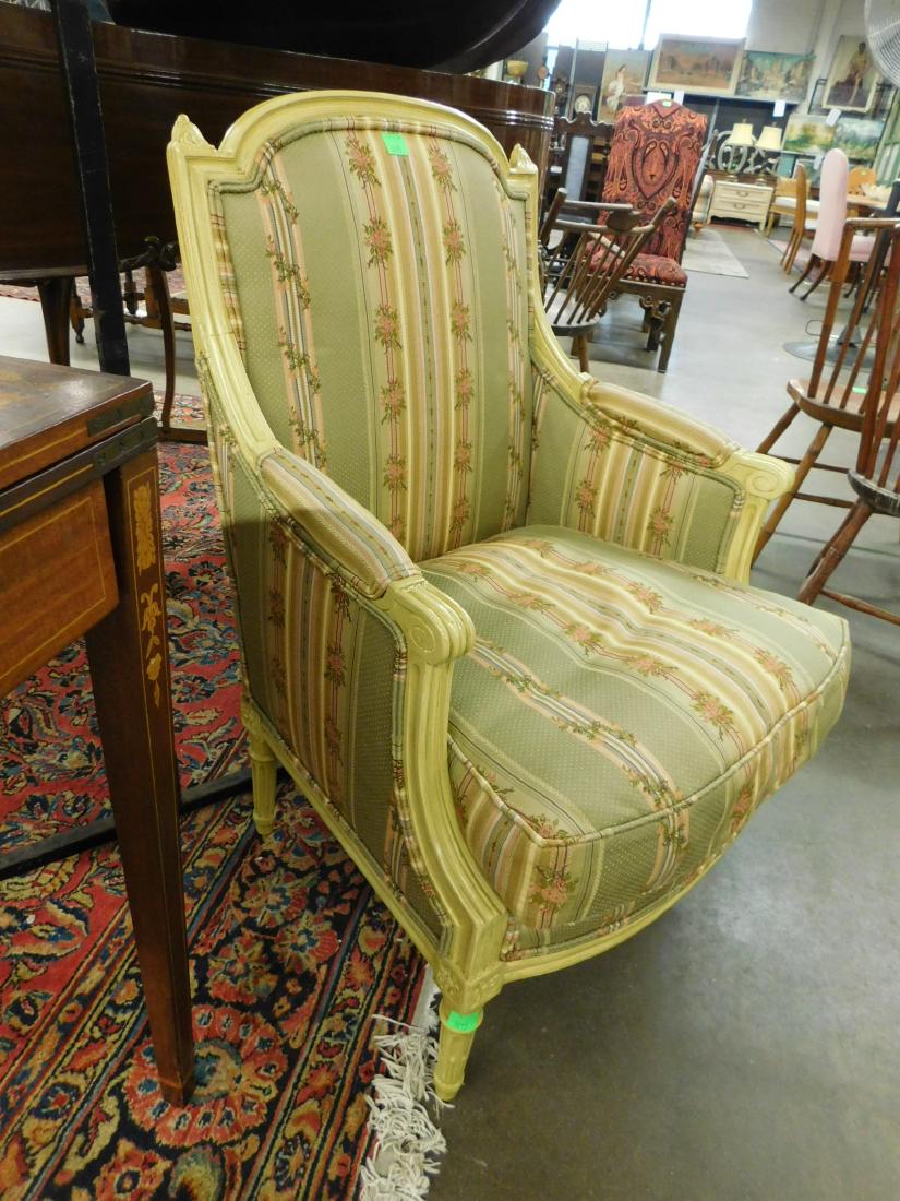 Louis XVI Style Bergere Chair: Louis XVI Style Bergere Chair, pale celery painted frame with reeding and rosette carvings, greens and mauves striped floral brocade upholstery, mid 20th C, 37 1/2". CONDITION: Very good, no issues id