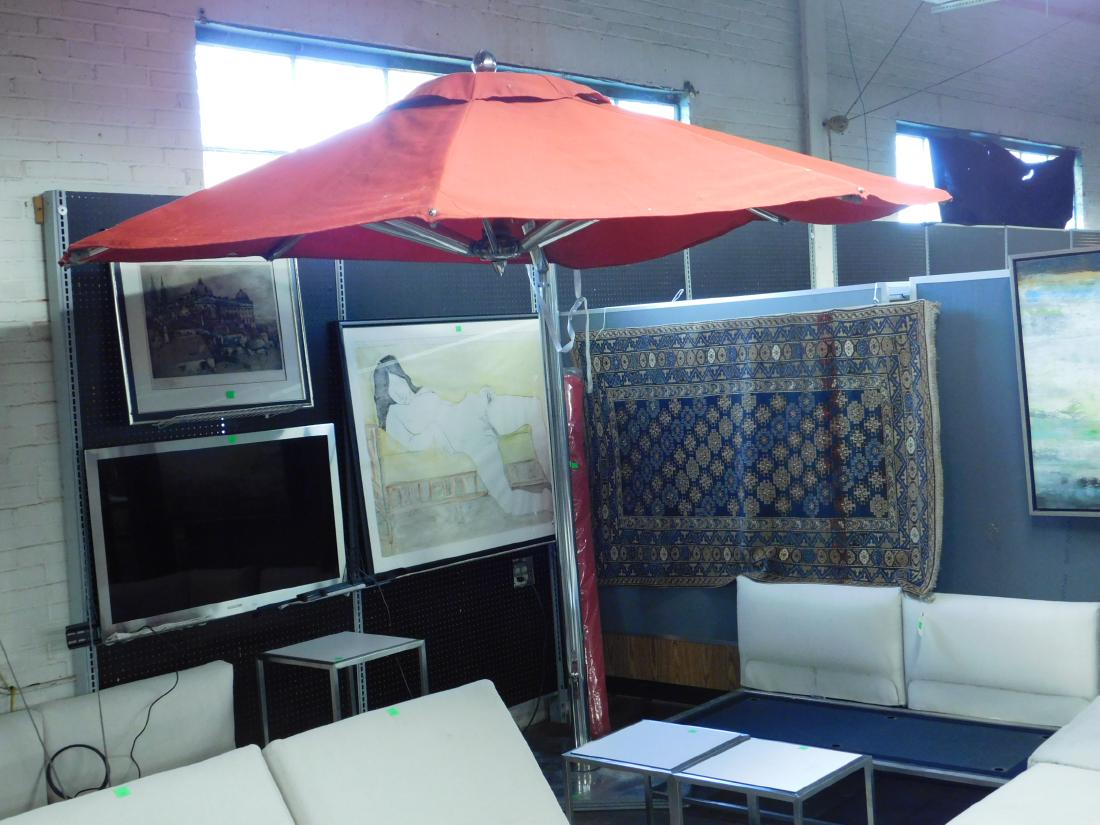Tuuci Cantilever Umbrella: Tuuci Cantilever Umbrella, Ocean Master Max square polished aluminum, red Sunbrella canvas, stainless steel hardware, telescoping crank lift system, aluminum ribs, marine grade materials, approx 10' x