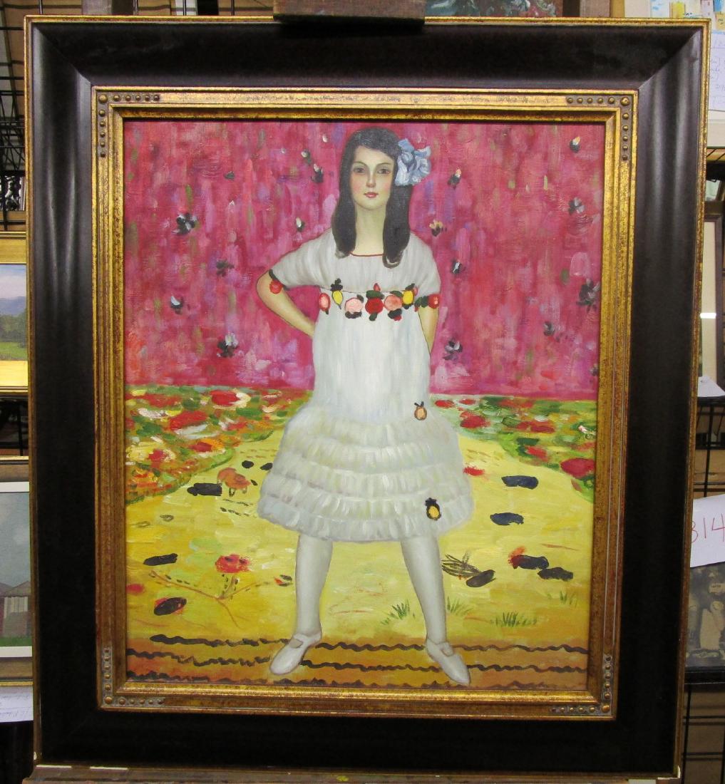 After Gustav Klimt Portrait of Mada Primavesi: After Gustav Klimt (1862-1918), copy of the artist's Portrait of MÃ¤da Primavesi. Likely a glicee on canvas with hand-painted highlights. Overstock.com label on reverse. Stratcher is 20" X 24". Fram