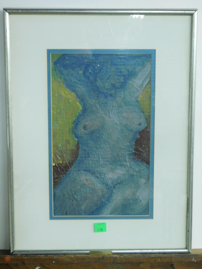 Sam L Corson Nude Painting: A framed mixed media work on board by Sam L Corson of a nude woman with her arms raised. Mat opening is 9.75" X 14.25" 18.75" X 24.75".