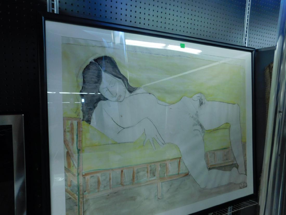 Jennifer Baker Nude Watercolor Drawing: A nice, large drawing of a nude female figure reclining on a sofa by PAFA-trained Philadelphia artist Jennifer Baker. It was executed in graphite and watercolor on paper. Signed by the artist in the l