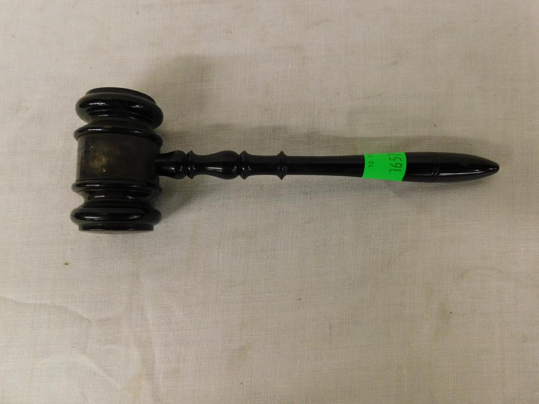 Ebony F & AM Gavel: Ebony F & AM Gavel with silver plate band inscribed "Presented to Wor. Bro. Leo W. Hecht, Master, 1937, Vailsburgh, #27 F & AM by Mother & Dad, 10 1/2". CONDITION: Minor wear to wood, silver plate ban