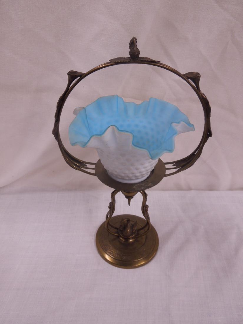 Victorian Bride's Basket: Victorian Bride's Basket, Reed & Barton brass base with sculptured swan center, leaf and strawberry crested handle and circular base with winged horses, scrolls and floral banquets; fitted with hobnai