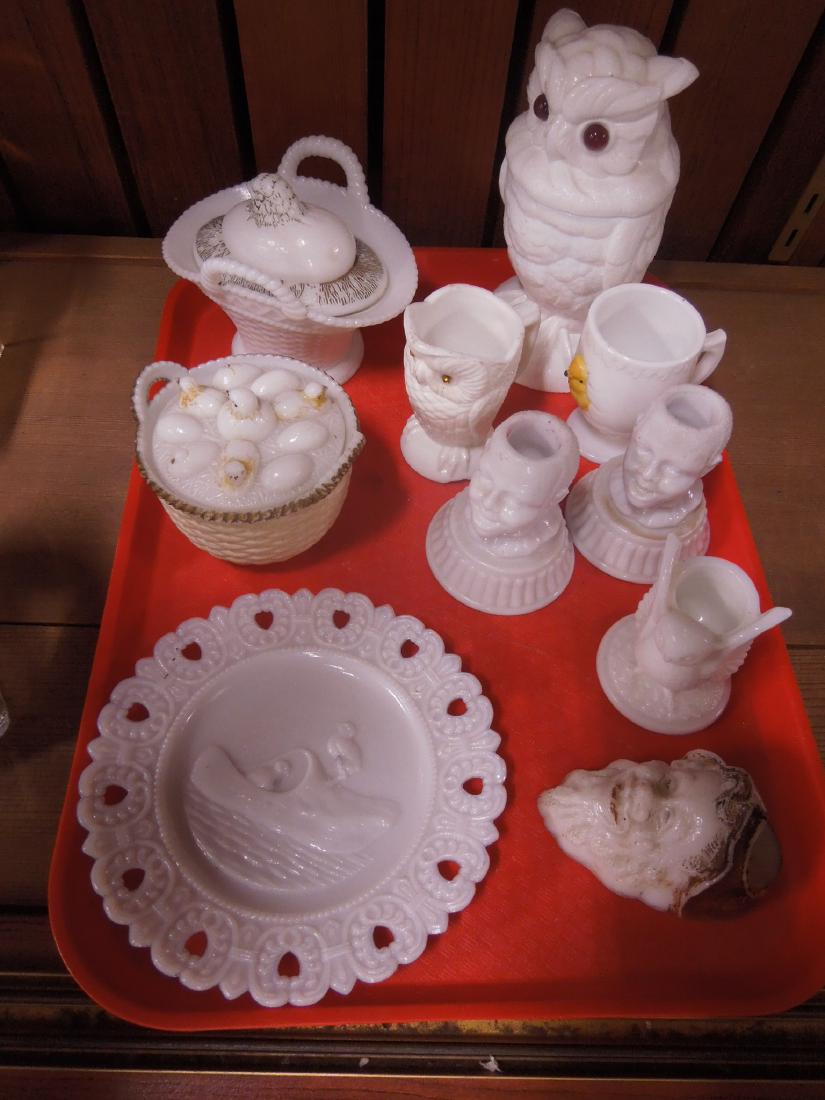 10 Pieces Vintage Milk Glass: 10 Pieces, vintage milk glass includes: owl jar with glass eyes, 6 1/2", hen in basket, 4" hen and chicks in basket, 3" owl creamer, 3 3/4", chick mug, 3" winged owl candlestick, 2 3/4" pair of bust c