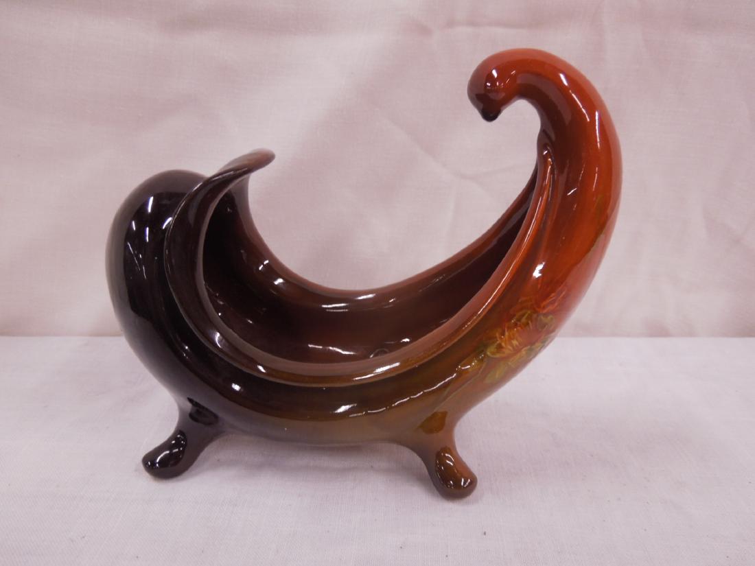 JB Owen Utopia Pottery Vase: JB Owen Utopia Pottery Vase, brown ware glazed, floral decorated, open curved bowl form, footed, marked underneath, 8 3/4"k x 7 1/2"h. CONDITION: Good, no chips, cracks or crazing.