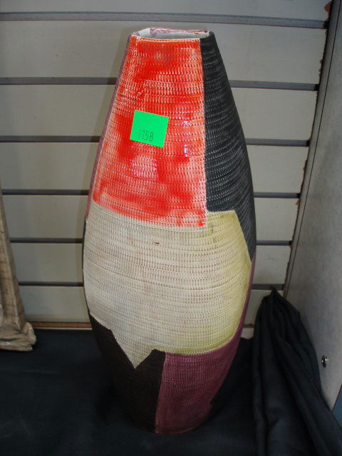 1960's Italian pottery vase: 1960's Italian pottery, designed for Raymor, 18" vase, incised pattern body w/ hand painted multi color abstract design