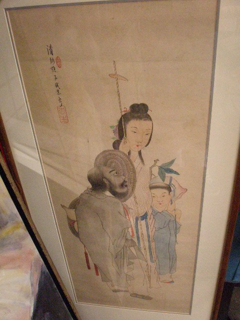 Japanese Genre painting: Japanese Genre painting w/3 figures, 19th C., watercolor on heavy paper. Painted inscription & hologram signature within image. [Provenance: Dr. Samuel L. Evans Collection, Philadelphia]. 36 3/4"h x 1