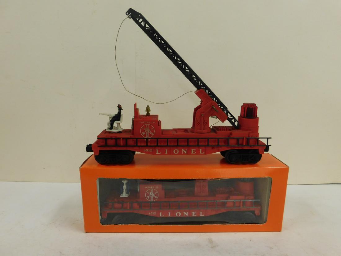 2 Lionel Post War Fireman and Ladder Cars: 2 Lionel post war Fireman and Ladder cars, No. 3512(1) like new in Lionel "style" orange and white box and (1) loose (no box). Condition; minor wear to car with no box