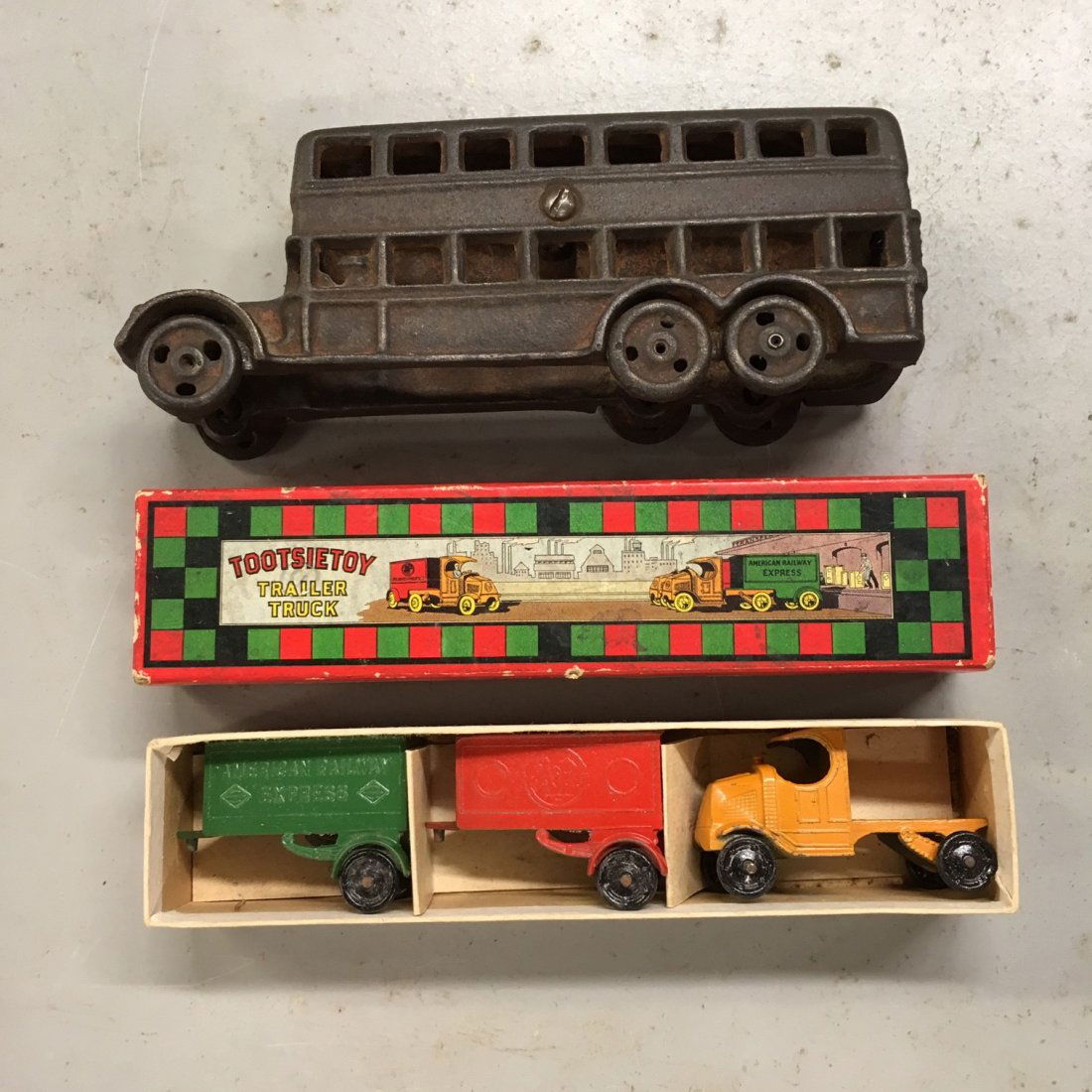 Vintage Cast Iron Bus and 1930's Tootsie Toy (in box) (1 of 3)