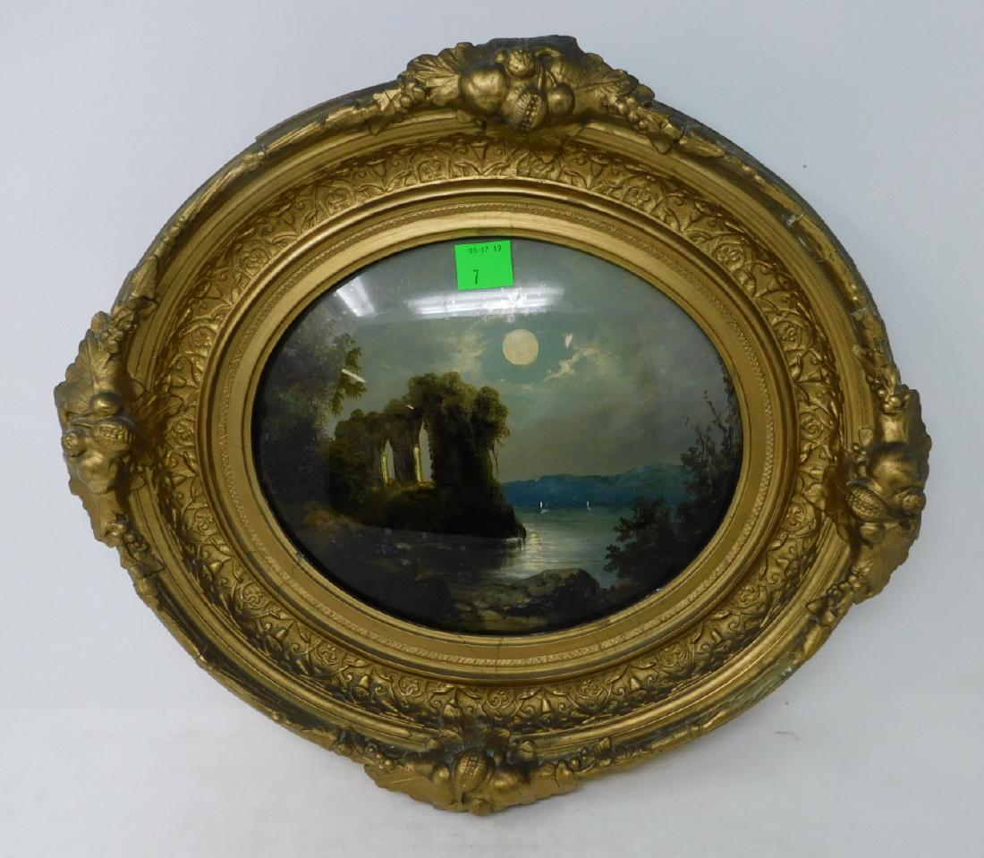 Reverse Painted Landscape on Glass: Reverse Painted Landscape on Glass: A 19th c painting of a Gothic folly by moonlight by a lake with mountains in the background. Painted on a oval piece of bubble glass. Framed in an elaborate, appare