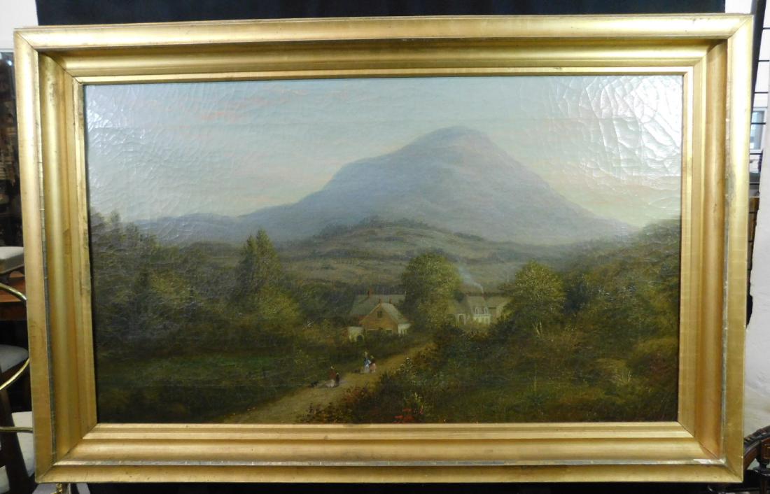 Hudson River School Mountains Near Lake George: Hudson River School Mountains Near Lake George: A good Hudson River School landscape painting of a small village with mountains behind, identified by the owner as the mountains near Lake George, New Y