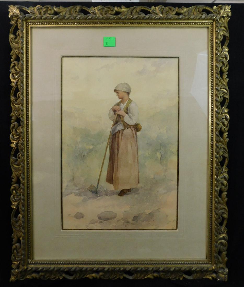 Pair Alfred Hayward Walercolors: Pair Alfred Hayward Watercolors: A pair of water colors of young women, one a fisher the other a farmer, probably by Alfred Robert Hayward (1875-1971), one framed the other unframed. One is signed A H