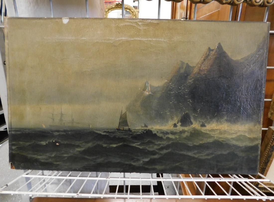 William Gibson o/c Seascape: William Gibson o/c Seascape: An oil on canvas of a small sailboat on a rough sea near a rocky, mountainous coast, a larger ship looming in the foggy distance. Artist is likely William Hamilton Gibson