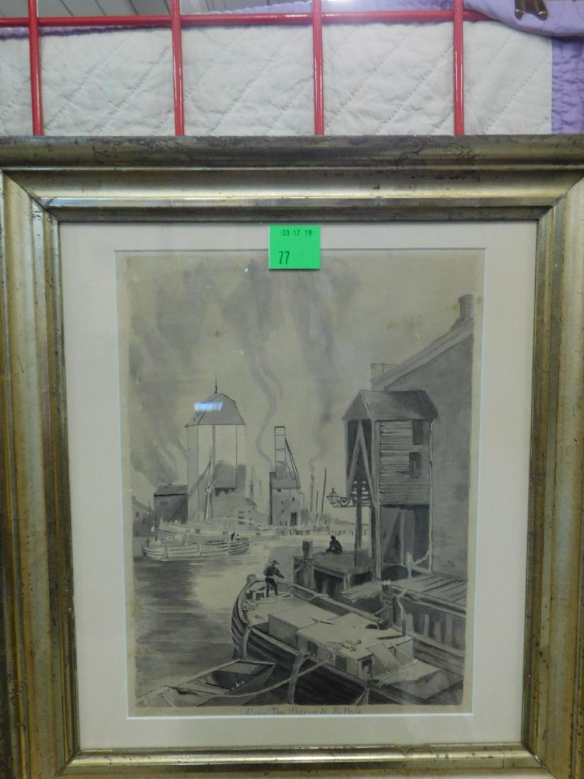 Am School Drawing "Along the Wharves at Buffalo": Am School Drawing "Along the Wharves at Buffalo" : An excellent framed pen and wash drawing titled "Along the Wharves at Buffalo"; signed and dated lower left in pencil "D. D. 6-14-88". It shows a man