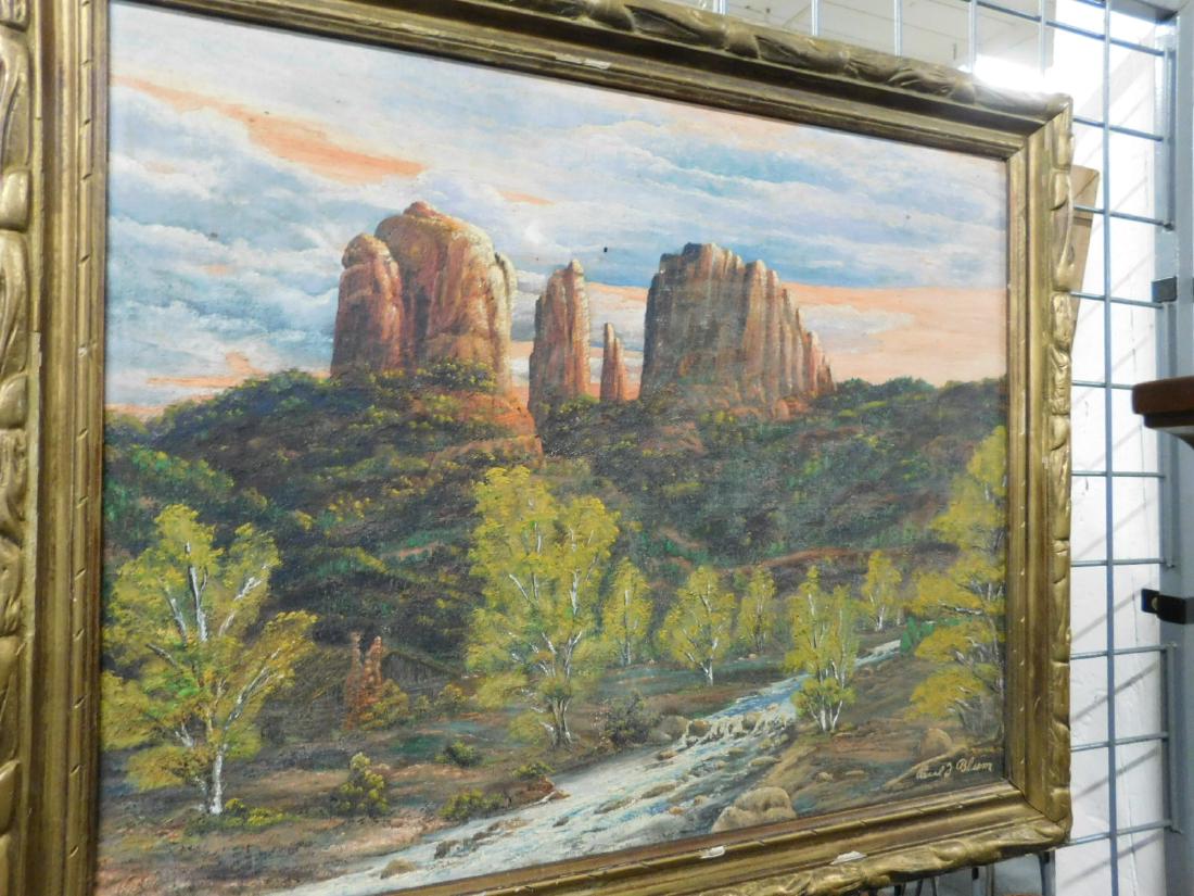 Paul J Blum o/b Oak Creek Canyon: Paul J Blum o/b Oak Creek Canyon: A framed oil on artist board by Western artist Paul J Blum (20th c American), titled "Oak Creek Canyon Arizona" on reverse and dated April 14, 1968 Easter. Signed low