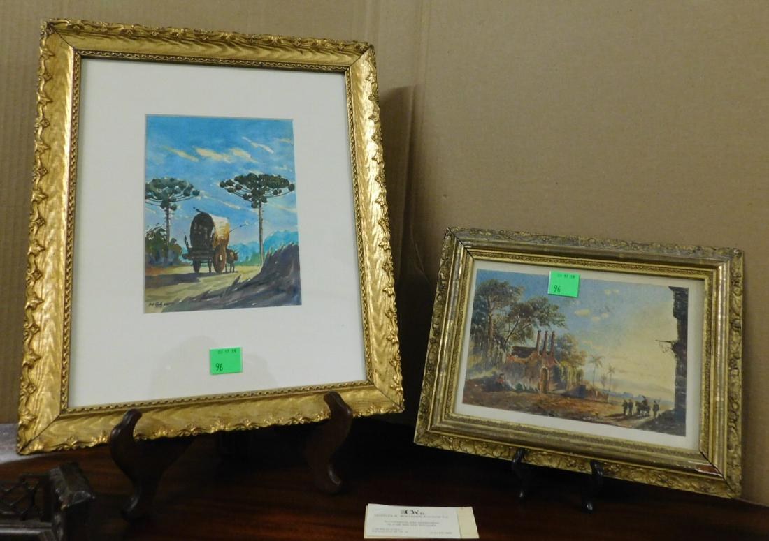 Susan Dallas Watercolor Indian Scene: [2 items] Susan Dallas Watercolor Indian Scene: A small framed 19th c watercolor of an exotic scene, likely India. A label on the back indicates it was painted by a Miss Susan Dallas and given to Henr