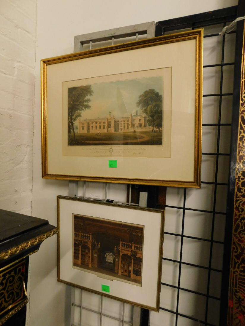 Two Framed Hand-Colored Engravings: [2 items] Two Framed Hand-Colored Engravings: An image of the interior of the Bodleian Library at Oxford, engraved by JC Sadler after a drawing by Augustus Pugin. Along with an engraving of the South 