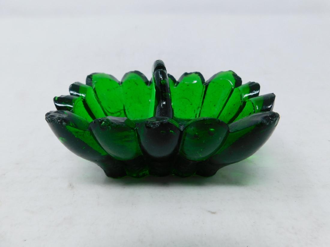 Early Pressed Green Flint Glass Double Salt: Early Pressed Green Flint Glass Double Salt: Open salt in emerald green flint glass, flared form, with vertical ribs and handled central divider. Almost certainly by the Jersey City Glass Works, made 