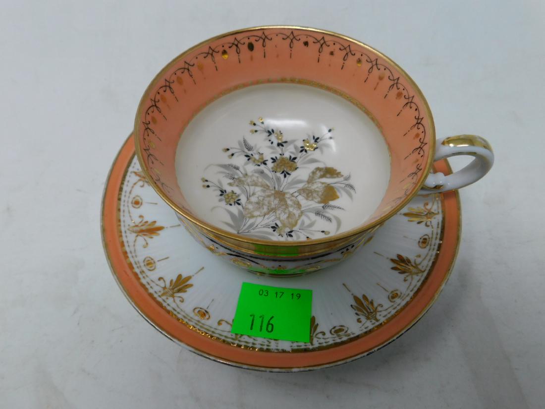 Antique Vieux Paris Cup & Saucer: [2 items] Antique Vieux Paris (Old) Cup & Saucer : Large antique Vieux Paris cup and saucer in the Neo Grec style with broad peach band at rim, interior decorated with hand-painted flowers. Provenance