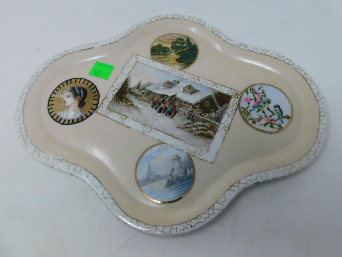 Antique Limoges Porcelian Tray: Antique Limoges Porcelian Tray: Of elongated quatrefoil form, hand-painted (likely by a hobbyists) with Aesthetic-style vignettes against a light yellow ground. H & Co mark on reverse. Provenance: Rob