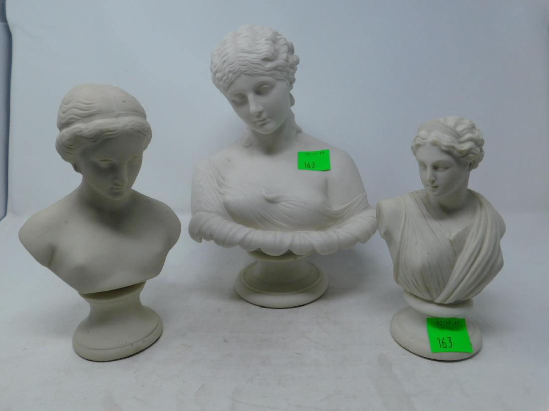 Three Parian Ware Porcelain Female Busts: Three Parian Ware Porcelain Female Busts: Three English Parian porcelain busts, consisting of a "Clytie" by J&T Bevington, a female nude with a headband marked RC 351 and a small, unmarked bust of Dia