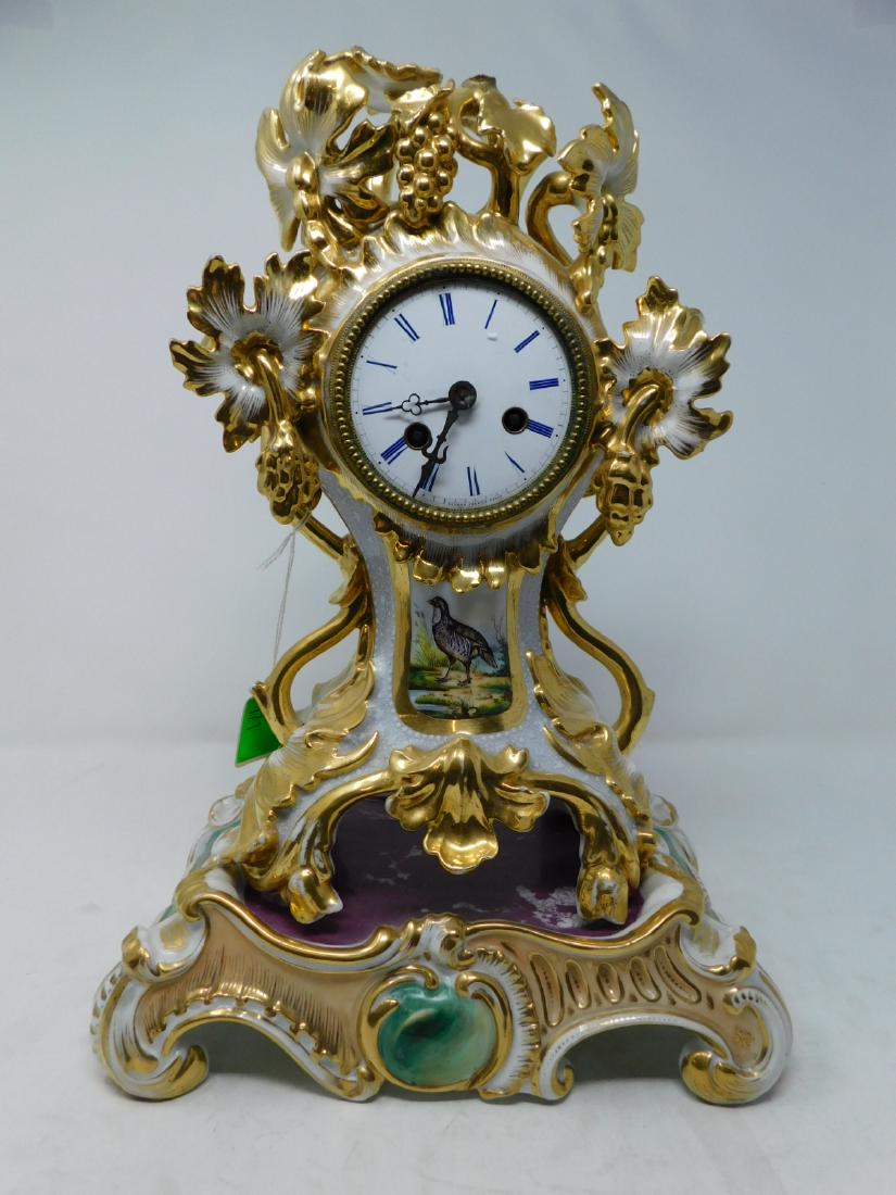 Antique Vieux Paris Mantle Clock on Stand: Antique Vieux Paris Mantle Clock on Stand: An exuberant Old Paris porcelain mantle clock in the Rococo Revival style. Upright form case decorated with applied vine and flower elements. White enamel do