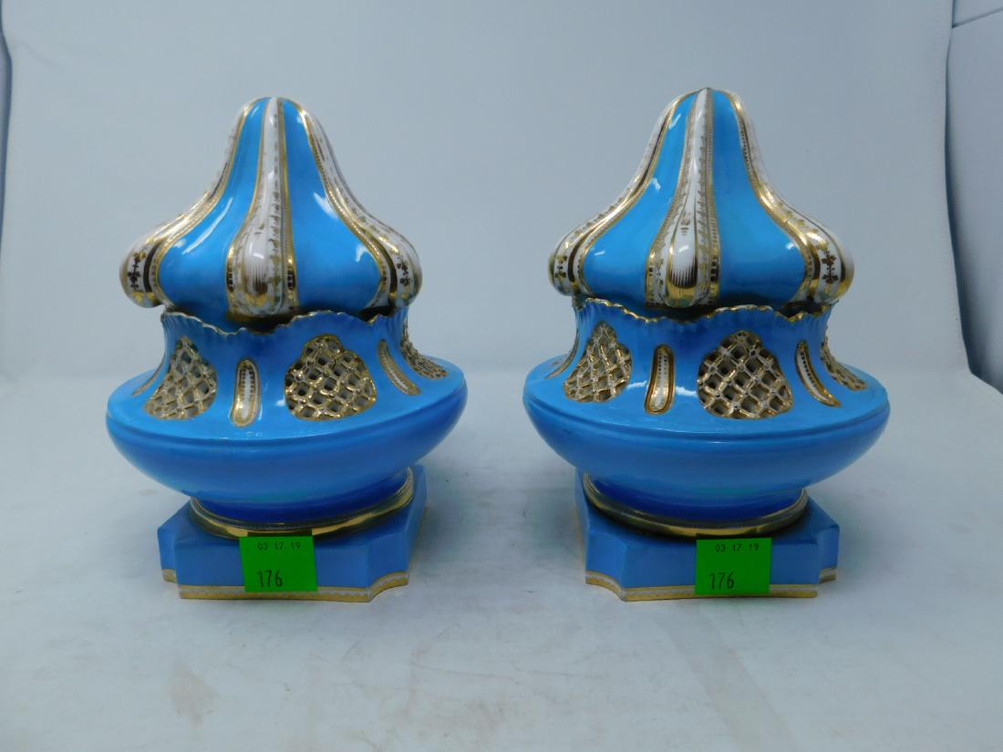 Pair Sevres-Style Porcelain Potpourris: Pair Sevres-Style Porcelain Potpourris : A pair of Sevres-style Rococo Revival porcelain potpourris. Squat form with pierced bodies and tall domed lids. Turquoise ground with gilding. Mid-late 19th ce